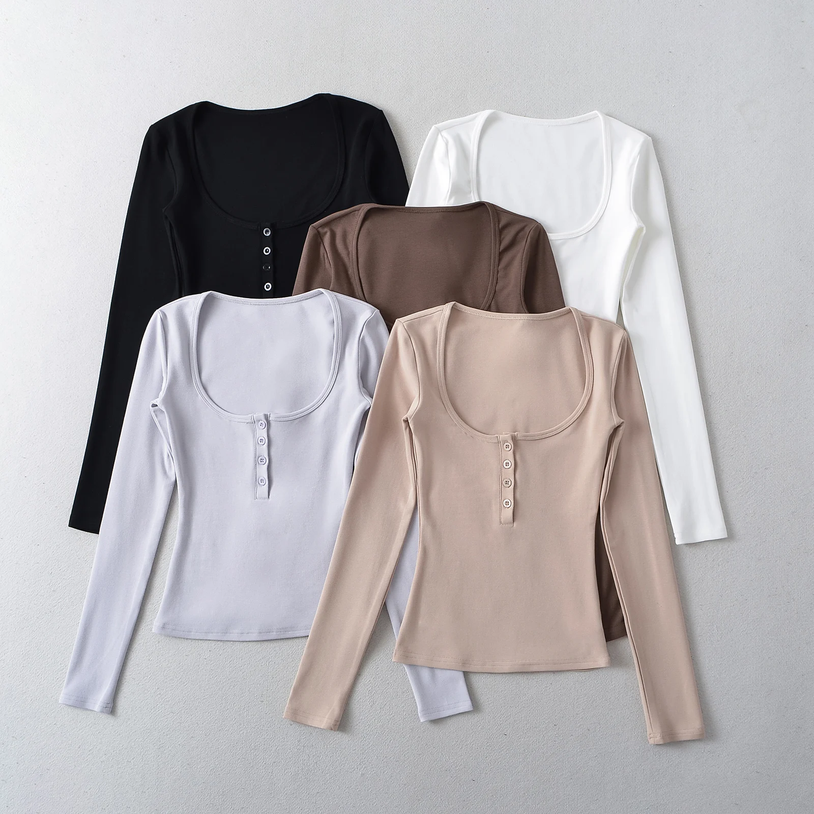

Solid Color Square Collar Spring Women Long Sleeve Tops Single-breasted Sexy Pullover Solid Bottoming Blouses T-shirt