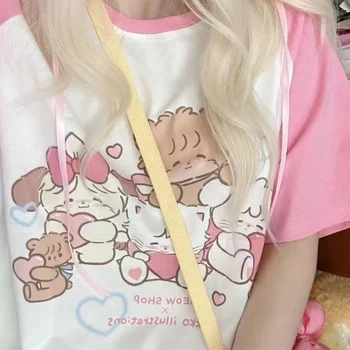HOUZHOU 여성용 카와이 스웨트 패치워크 티, 일본 패션 Y2k 하라주쿠 프레피 스타일, 만화 프린트 루즈 티셔츠, 부드러운 그릴 2023
