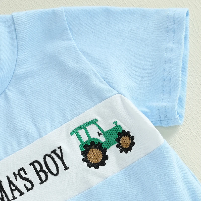 Baby Clothing Boy Summer Outfit Tractor Letter Embroidery Short Sleeve Tops Plaid Elastic Waist Shorts 2 Piece Set 6