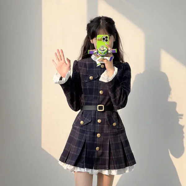 

Japanese Korean Style College Style Long Sleeve Stitching Dress Haute Sweet Wais Dress Autumn Winter Jk School Uniform Set