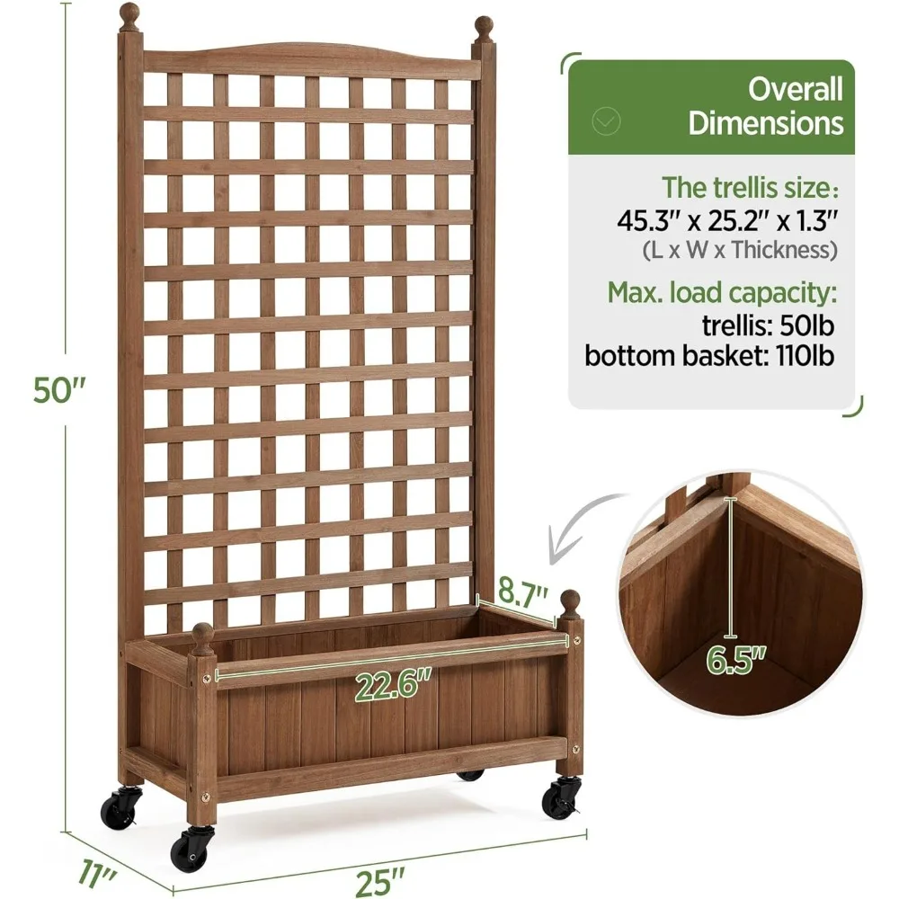 Raised Garden Bed 2pcs 50" H with Trellis & Wheels Standing Vertical Horticulture Planter Box for Vine Climbing Plants