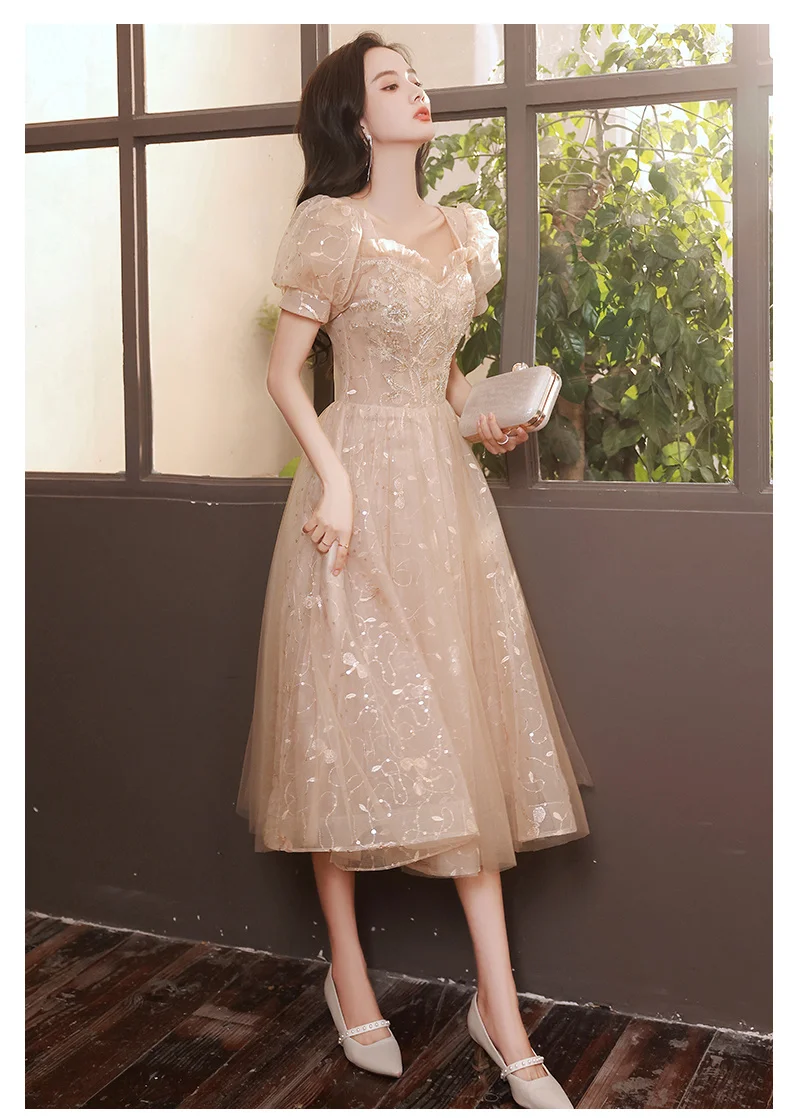 hot pink prom dress Champagne Midi Dresses For Christmas Party 2021 Elegant Sweetheart A-Line Tea-Length Sequined Lace Semi Formal Gowns Cocktail navy blue prom dresses