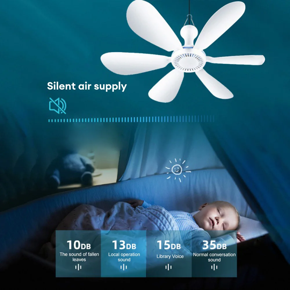 Ceiling Fan Silent 6 Leaves USB Powered Ceiling Canopy Fan with Remote Control Timing 4 Speed Hanging Fan for Camping Bed Dormitory Tent Electric Fan