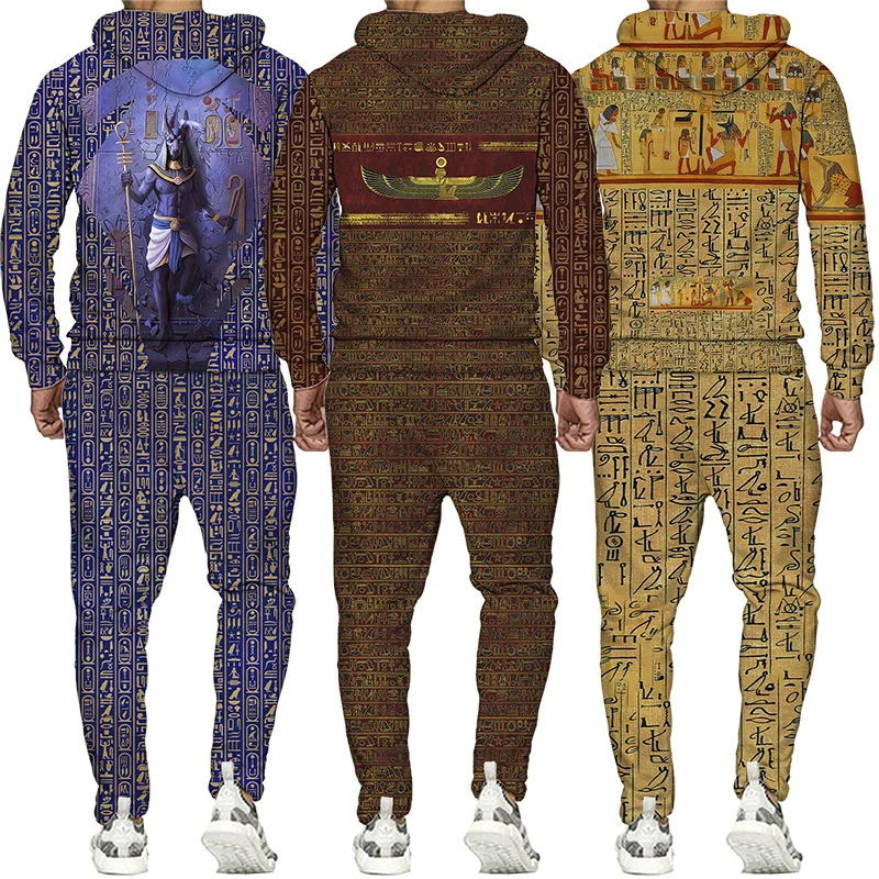S-6XL Mărime mare 3D Jachetă pentru bărbați cu imprimeu egiptean Hanorac cu pantaloni Set Trening pentru bărbați Iarnă și toamnă Sport Umăr bărbătesc_voghion.com