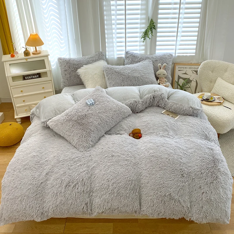 3/4pcs fluffy Mink bedding set Plush Linens hairy winter beds covers