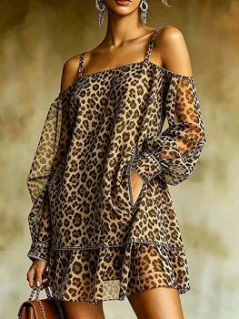 Leopard Print Off Shoulder Mini Dress Women Elegant Suspender Dress Fashion Lantern Sleeve Pocket Straight Chic Party Dress