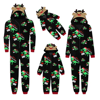 Christmas Family Matching Pajamas Cozy Long Sleeve Hooded Reindeer Print Zipper Closure Loungewear Set for the Whole Family 1