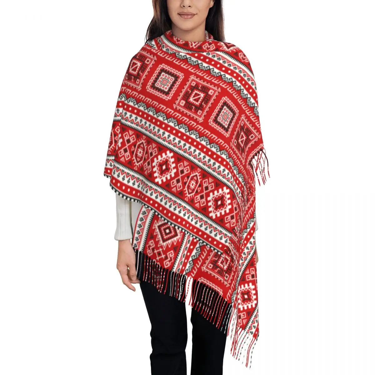 

Unisex Scarf Outdoor Ethnic Ukrainian Large Scarves with Tassel Abstract Geometric Vintage Shawl Wrap Autumn Custom Bufanda