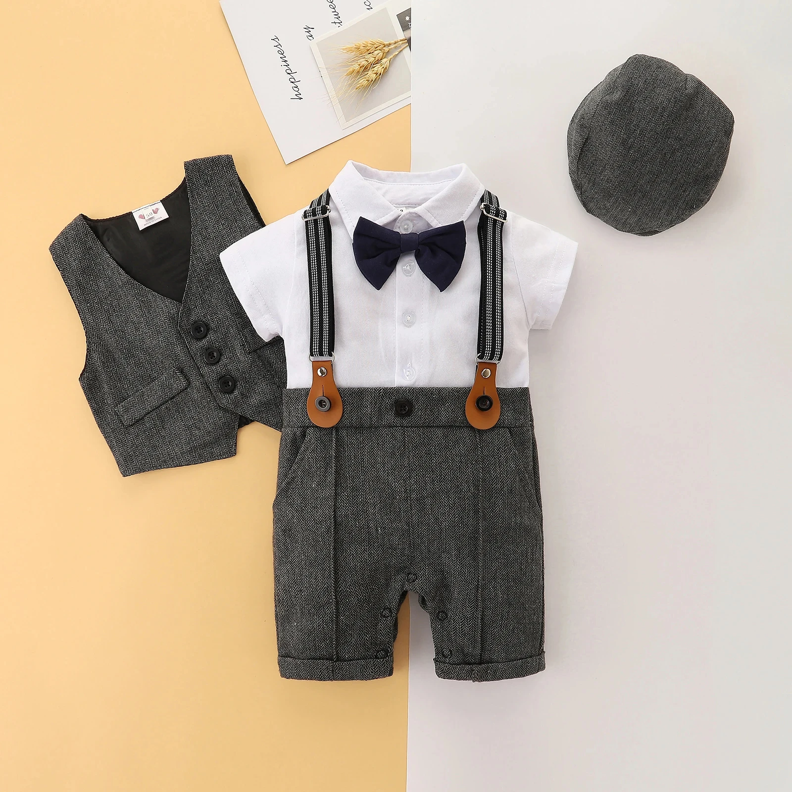 

0-24M Newborn Baby Boys Jumpsuit Set Gentleman Short Sleeve Romper + Gilet + Hat Set Toddler Infant Summer Outfit