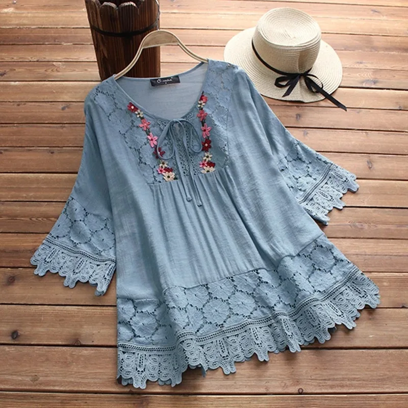 New Summer Fashion Splicing Lace Charm Elegant Lace-up Shirt V-neck Loose Women's Solid Color Top 30659a