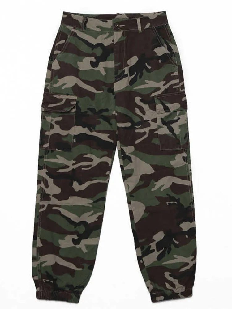 DEAT 2022 new high waist  Camouflage green color cargo pants Spring and summer full length elastic small feet pants WM wide leg trousers Pants & Capris