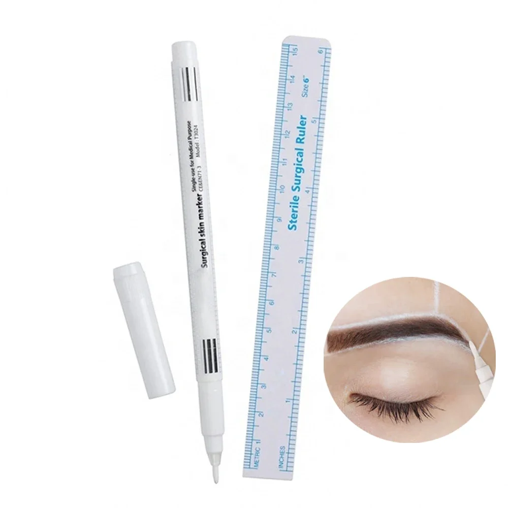 Eyebrow Tattoo Skin Marker Pen with Ruler Permanent Makeup White Medical Sterile Surgical Microblading Supplies 1pcs