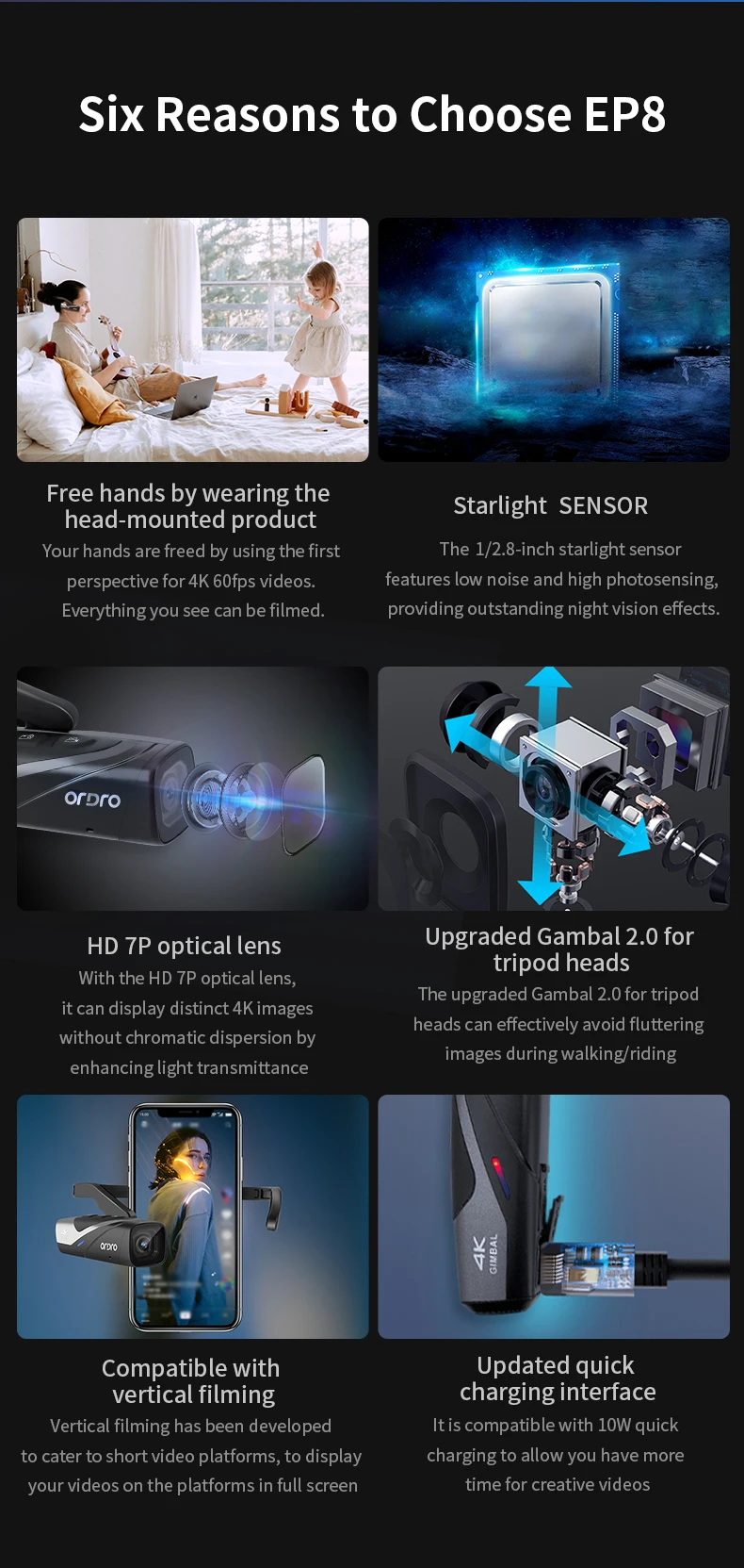 Description Picture 3 of itemORDRO EP8 4K 60fps Video Camera Head Wearable Digital Camcorder for Youtube Professional 2-Axis Gimbal Stabilization Vlog Camara