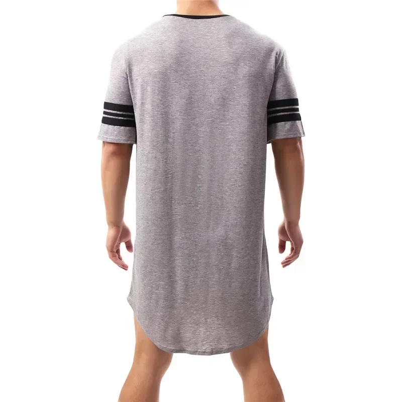 Summer Men Short Sleeve V Neck Homewear Bathrobe Male Patchwork Sleepwear Robe Hombre Loose Comfy Knee-length Nightgown Homewear