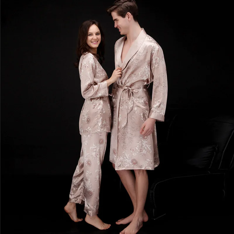 

Пижама из вискозы для пар, женская летняя Пижама, комплект из трех предметов, мужской халат с длинным рукавом, халат, домашняя одежда, пикантное кимоно с принтом