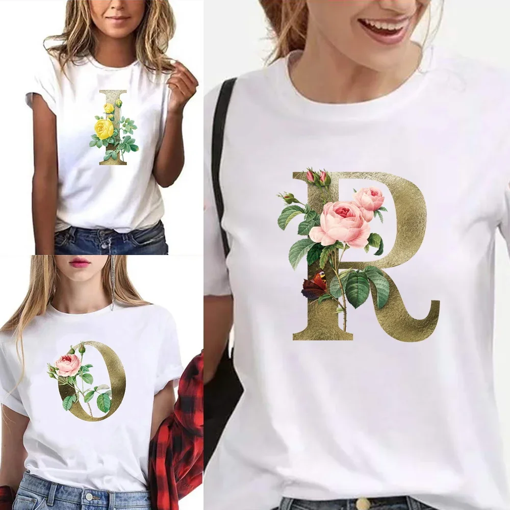 Fashion Short Sleeve Golden Flower Pattern Printin T-Shirt Summer T shirt for women Pullover T-shirt O Neck Tees Comfortable Top