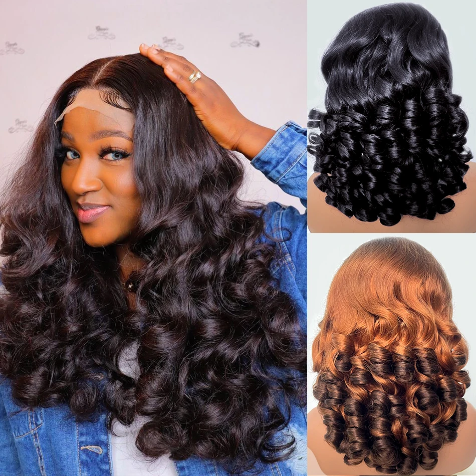 Indian Hair Bouncy Curly Loose Wave 13x4 HD Lace Front Wig Ombre Double Drawn Curl Wig 250% Density Glueless with Baby Hair human hair wig,lace front wig,human hair wigs,front lace wig