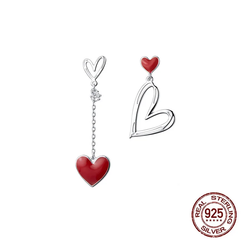 Silver Earrings Fashion Women Jewelry 925 Sterling Silver Red Asymmetric Love Sweet Peach Heart Earrings For Wedding Party
