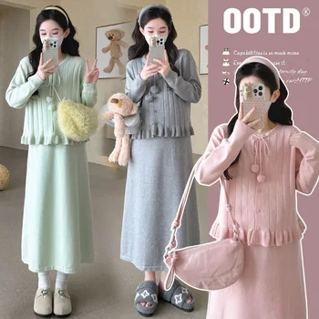 Maternity Set Autumn Gentle Sweet Ruffled Hem Pom Pom Single Breasted Sweater Coat and Cami Dress Two Piece Set Soft Comfortable