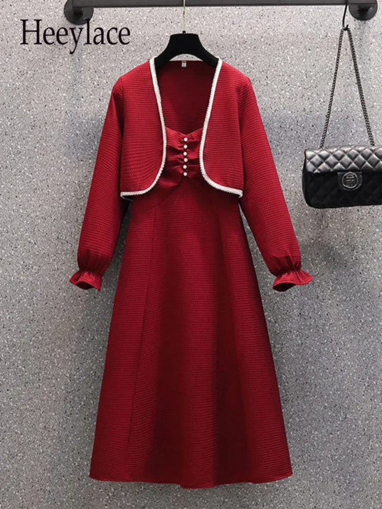 

Office Ladies Elegant Two Piece Sets Womens Outfits Korean Casual Short Coats And Straped Dresses Two Piece Set Women Clothing