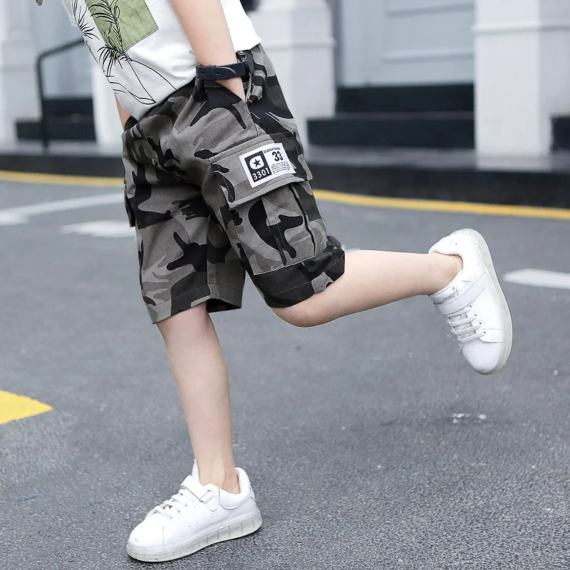 Nieuwe Grote Jongens Shorts Voor Zomer Camouflage Losse Broek Tienerbroek Broek Katoenen Zwarte Broek Mode Kinderkleding 2-16 Jaar