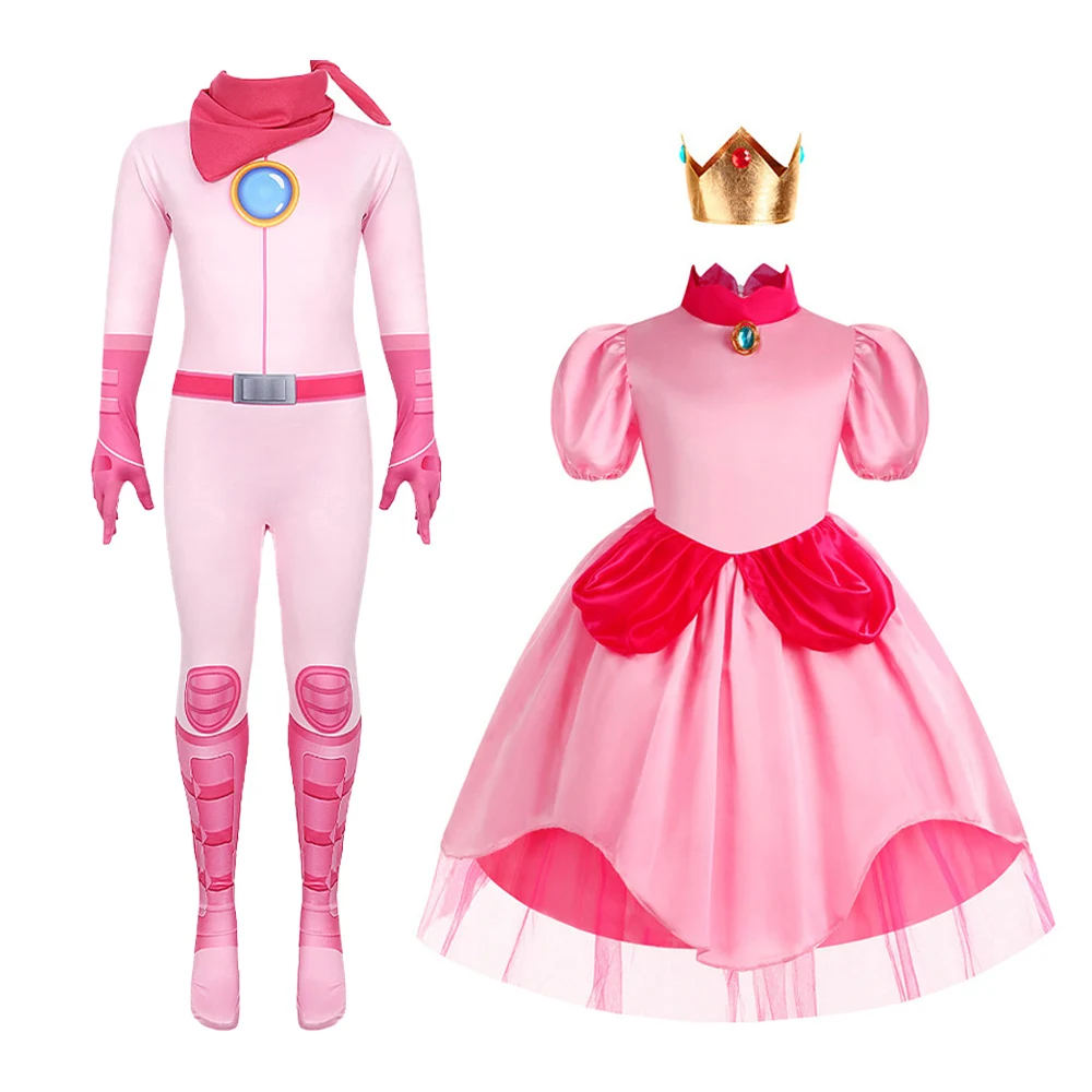 

Kids Adult Pink Princess Peach Costume Fancy Dress Cosplay Costumes For Parent-child outfit Halloween Party Outfit Birthday