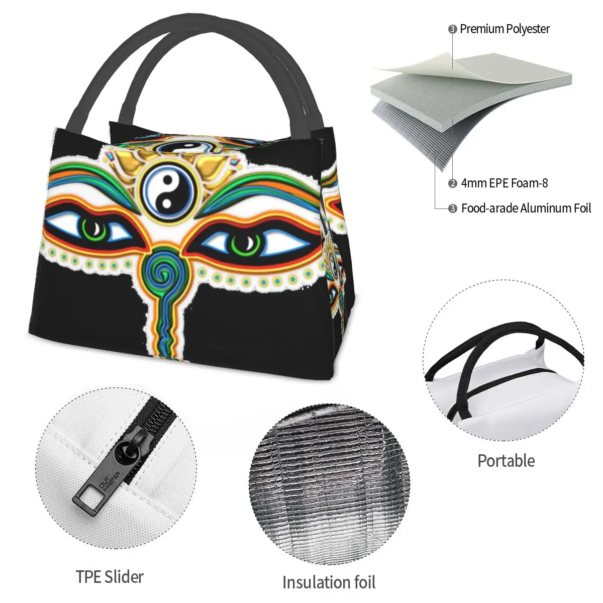Buddha Eyes Yin Yang Lotus Flower Symbol Wisdom And Enlightenment Portable insulation bag for Cooler Food Office Pinic Container