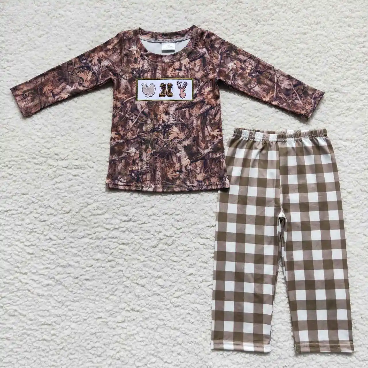 

Toddler Kids Outfit Baby Boy Long Sleeves Camo turkey Deer Embroidery Pullover T-shirts Children Pants Hunting Set Pajamas
