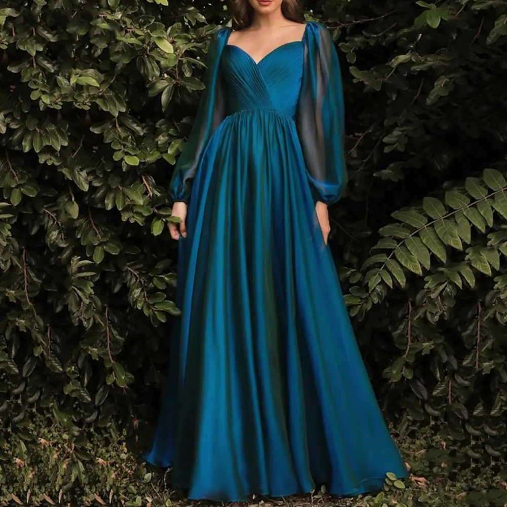 Robe de Soirée Trapèze en Mousseline de Soie pour Femme, Élégante, Bleue, Col en V, Dos aux, Formelle, Longueur au Sol, Manches sulfBouffantes, Quels Plis, 2023