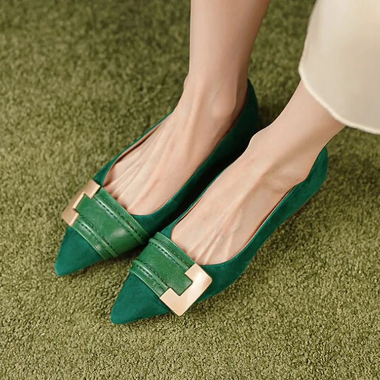 

2023New Green Suede Women Shallow Flats Pointed Toe Prom Party Moccasins Femmes Gold Buckle Decor Single Espadrilles Zapatos