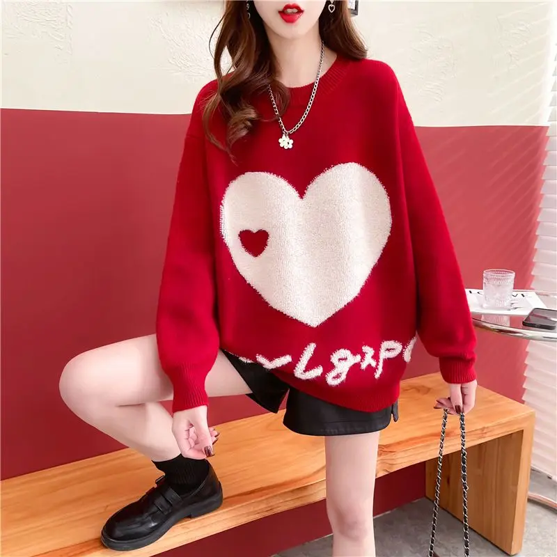 

DAYIFUN Red Round Neck Sweater Women's Autumn Winter Loose Letter Embroidery Design Pullover Jumpers 2023 New Autumn Knit Tops