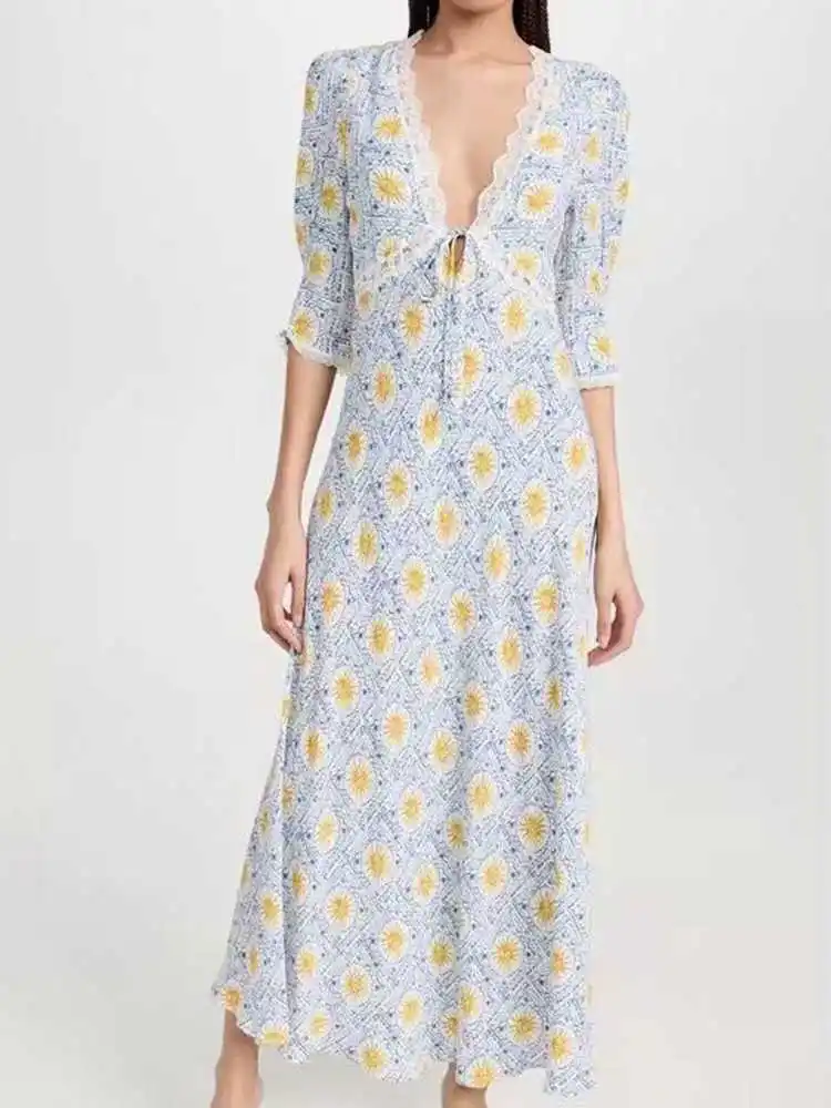 

2023 Summer Dress V-neck Lace Trim Stitching Print High Waist Long Dress for Women