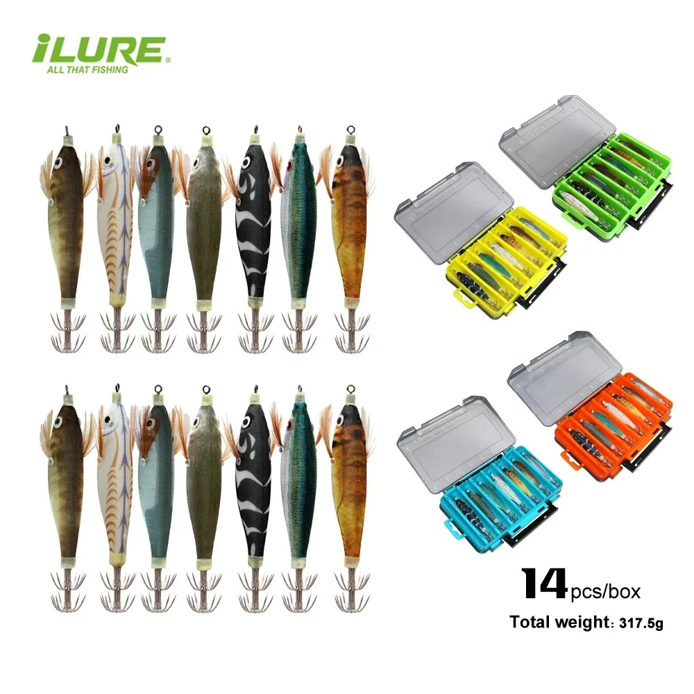 

ILURE 14Pcs Fishing Lure Simulation Wooden Shrimp 10cm9g Luminous Squid Artificial Hard Bait Sea Fishing Trout Bass Carp Tackle