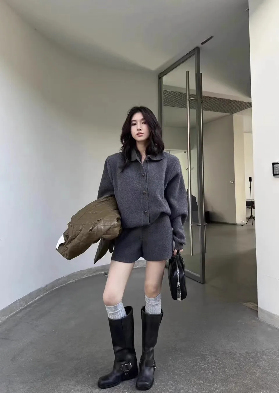 Autumn Winter New Two-piece Knitted Sets Single Breasted Sweater Top High Waist Shorts Korean Fashion Casual Outfits Solid Suit