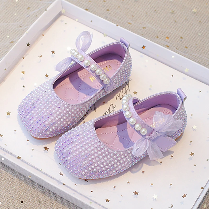 Purple Lace Bowknot Ballet Flats For Kids 2024 Spring New Pearls Rhinestone Mary Jane Shoes Girls  Square Toe Princess Zapatos