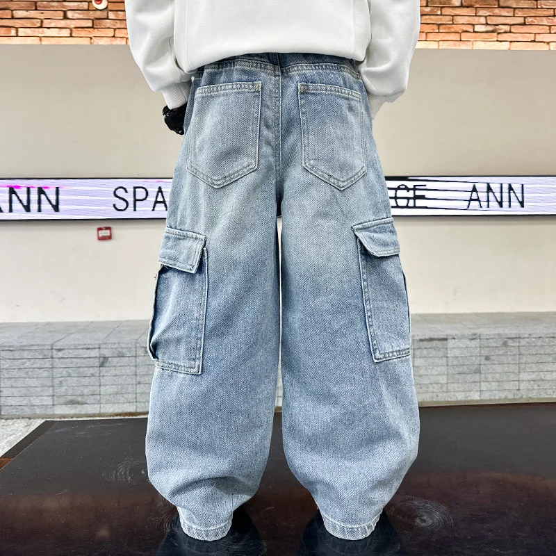 School Boys Casual Cargo Jeans With Pocket Preppy Loose Style Teenage Child Denim Pants High Fashion Kids Jeans Trousers 5-14 Y - Image 3