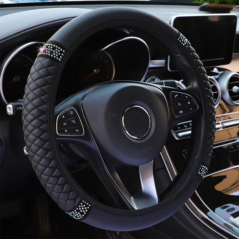 Universal Car Steering Wheel Cover 37-38cm Leather Embroidered Color Diamond-Studded Elastic Four Seasons Steering Wheel Cover - Image 3