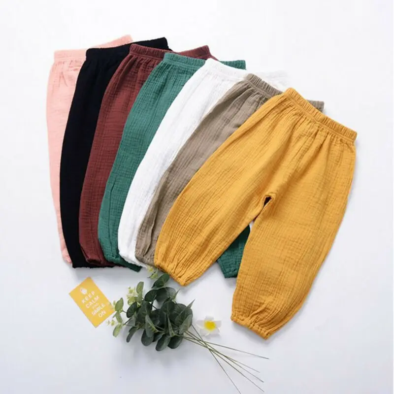 Brand Toddler Kids Baby Boy Girl Wrinkle Cotton Linen Bloomers Pants Solid Soft Loose Long Trousers Leggings Casual Pants