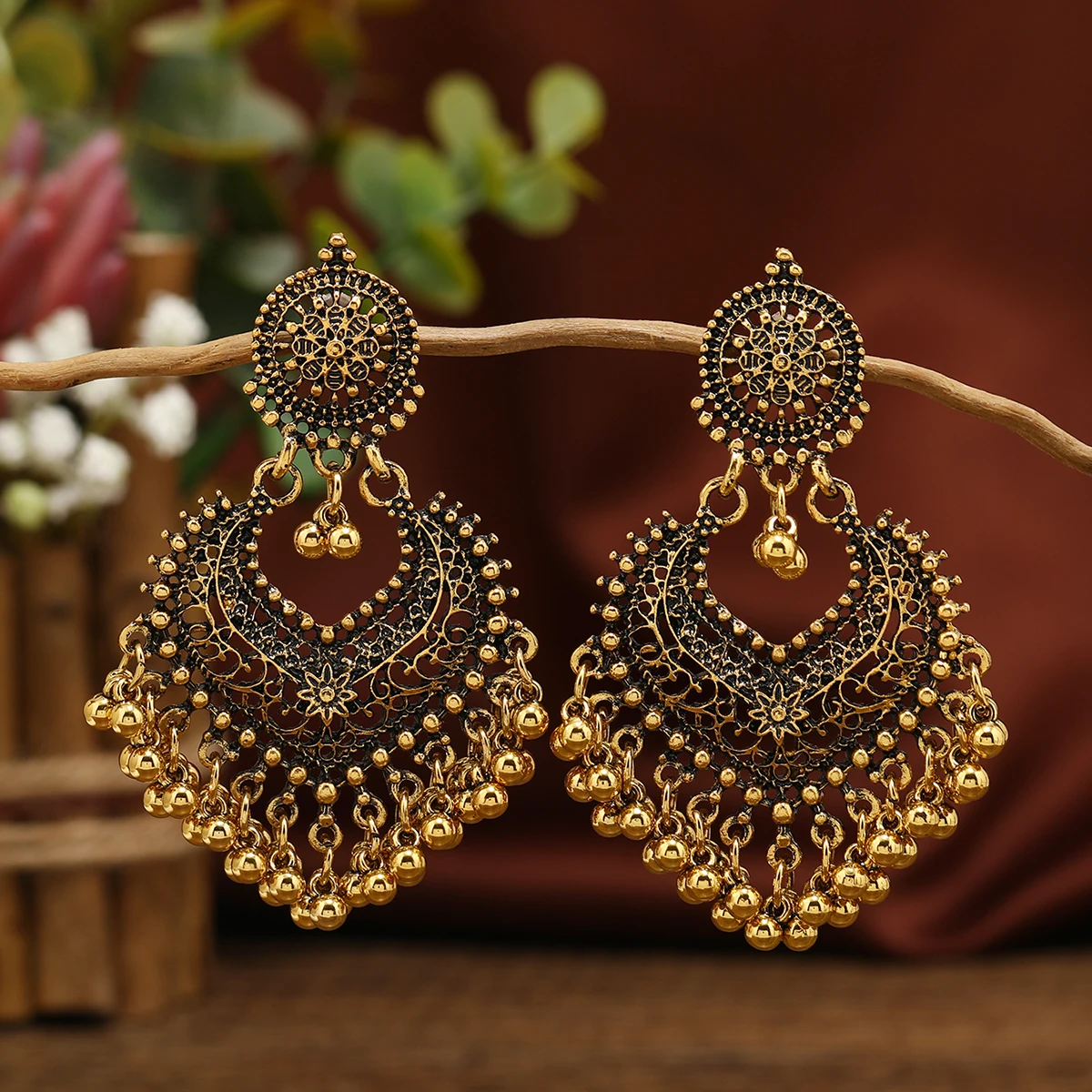 Retro Bohemian ethnic style earrings, exaggerated temperament, hollowed out love earrings, long bell, Indian accessories