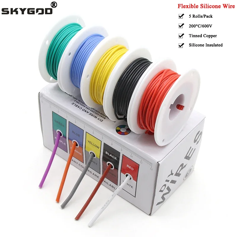 （5 Colors Mix Kit）Heat Resistant Flexible Silicone Wire 30/28/26/24/22/20/18/16AWG Stranded Cable Electrical Tinned Copper Wire