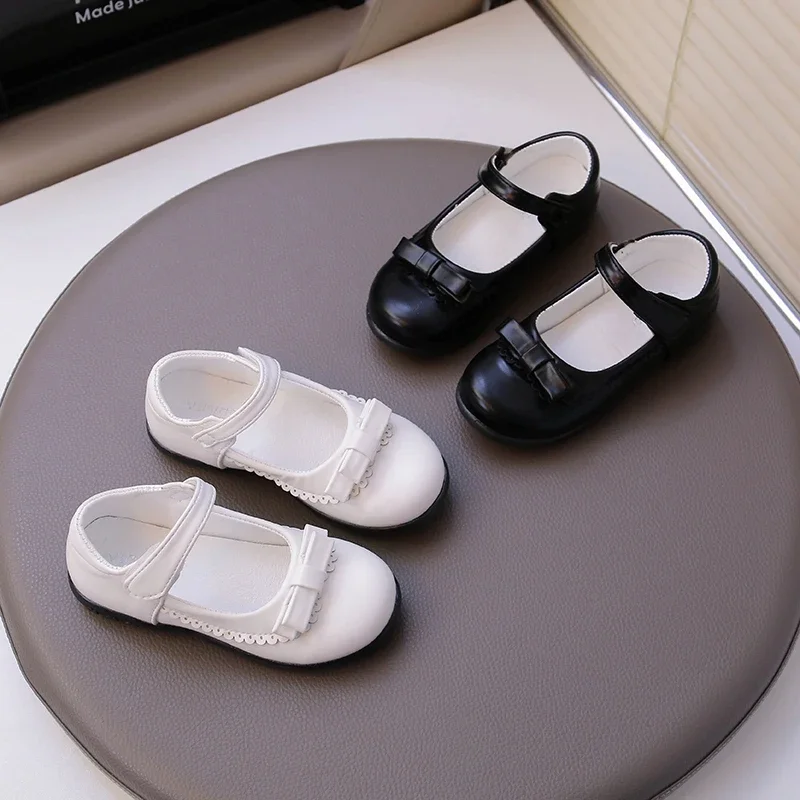 Girls Princess Shoes with Simple Bow Matte Kids School Shoes Black White Children Flat Shoes Round Toes Soild Color 2025 New