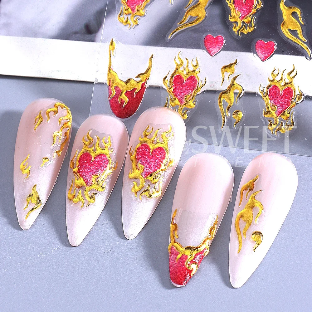 1/2pcs 5D Embossed Heart Flowers Line Nail Stickers Decal French Ribbon Bow Flame Adhesive Nail Art Slider Manicure Decorations