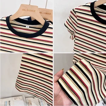 AOSSVIAO 2025 سليم صالح تي شيرتات قصيرة الاكمام المرأة موضة الكورية نمط س الرقبة كتلة اللون مخطط علوي الصيف مثير القمم 6