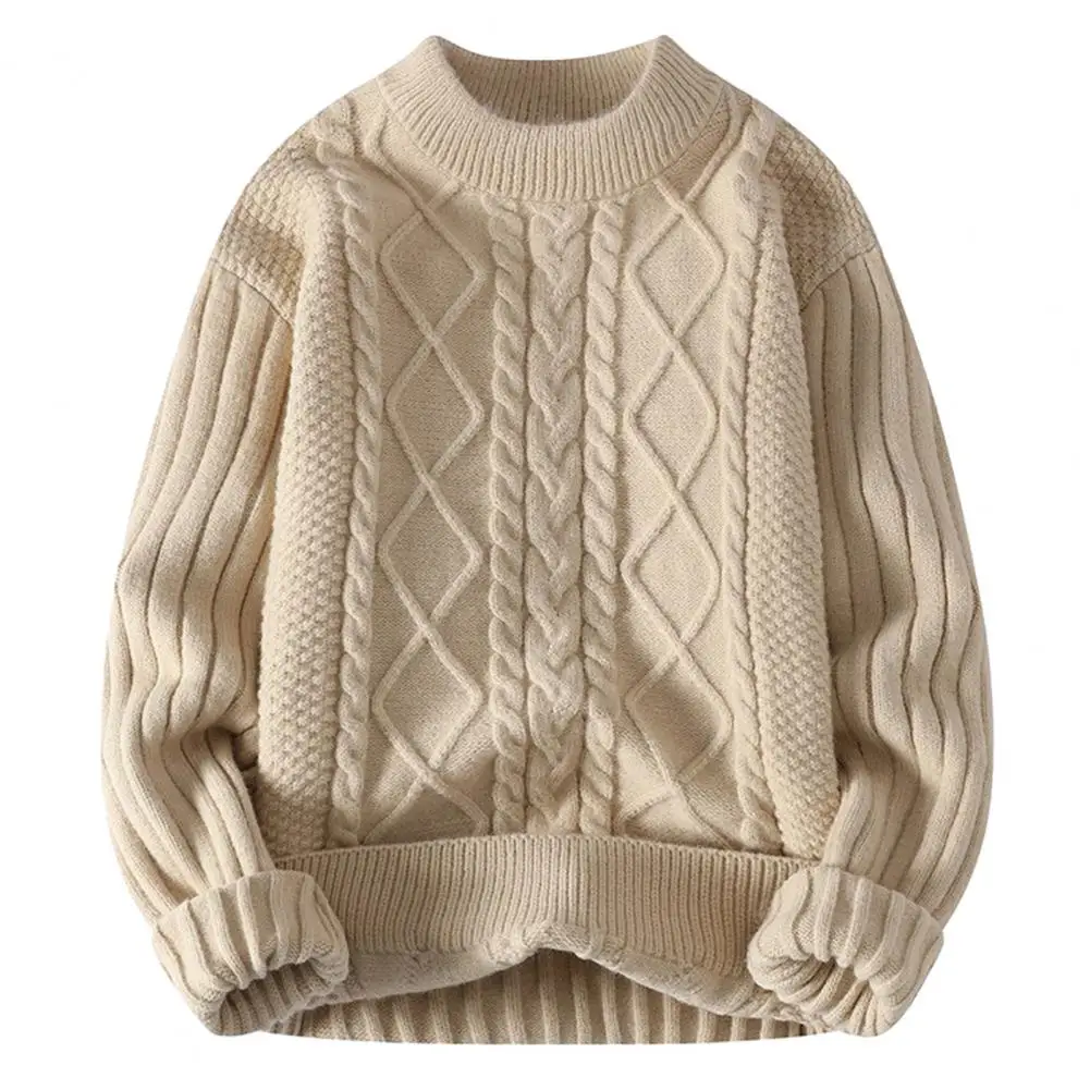 

Men Sweater Men's Thick Knit Winter Sweater with Round Neck Soft Solid Color Twisted Applique Warm Elastic Anti-pilling for Fall