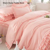 Korean Princess Duvet Cover 4 Piece Set Solid Color Ruffles Lace Quilt Cover And Pillowcase For Girl Woman Romantic Bedspread 3