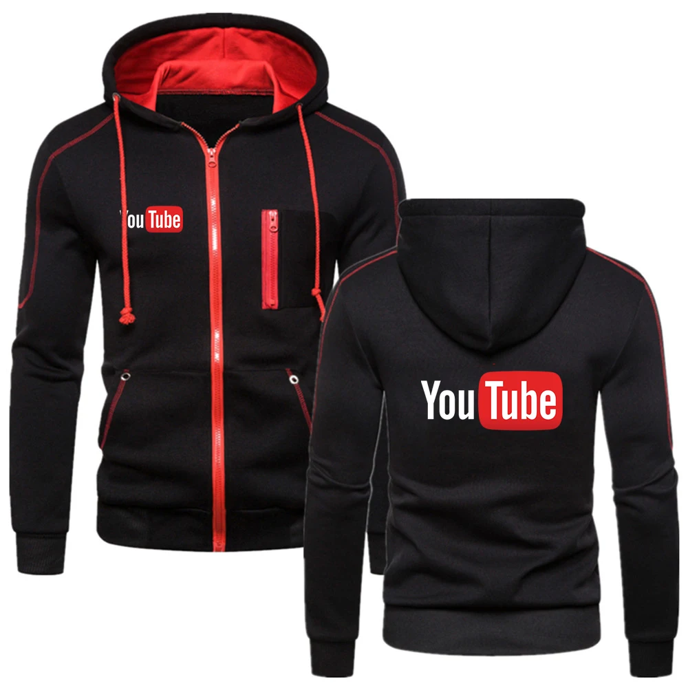 

YouTube 2023 Men's New Print Hoodies Outerwear Sports Multi-Zip Slim Hooded Jackets Harajuku Casual Long Sleeve Sweatshirts Tops