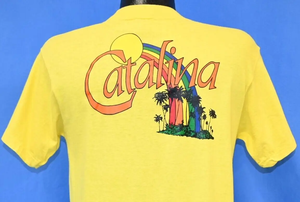 Nuovo Elenco Vintage 70S Santa Island Rainbow Palm Tree Sunset Pocket T-Shirt Medium M