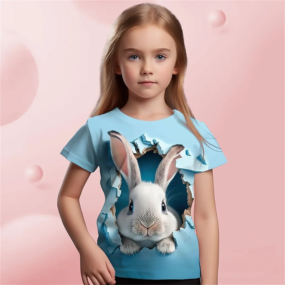 Children Clothes Girl Cute Bunny 3D Printed Fashion Comfortable Crew Neck Short Sleeve Tee Fun Children's Clothing Girl T-Shirt 1