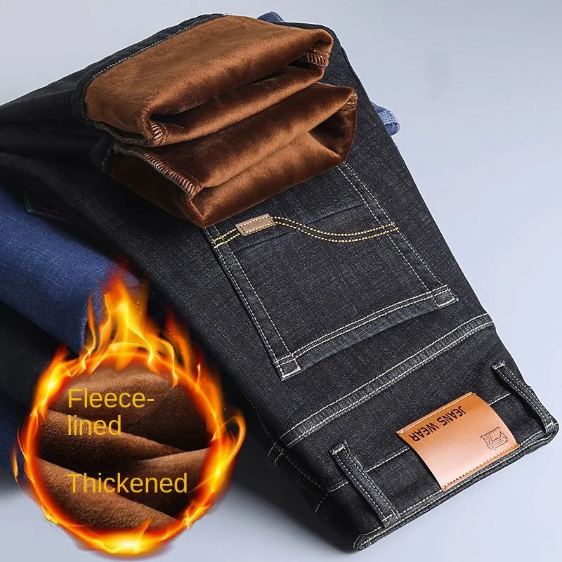 Men's Winter Fleece Warm Jeans Fashion Business Pants Vintage Classic Trousers Autumn Leisure Elastic Straight Work Jeans Men 5