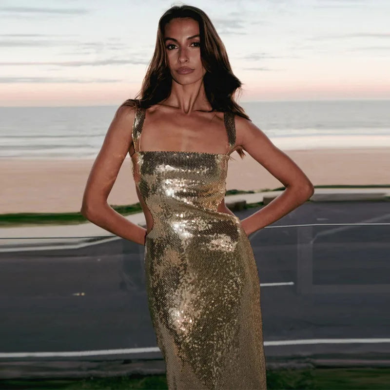 Sexy Square Neck Sling Long Dress Women Shinny Backless Hollow Out Sleeveless Slim Maxi Dresses New Lady Party Club Gowns ﻿